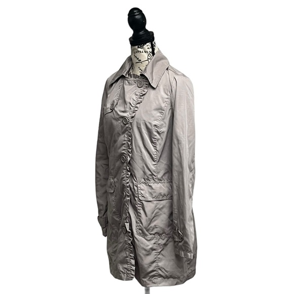 VTG JOUJOU gray Trench Coat Womens Y2k Ruffle Hem Retro 90s Button Up M Outdoor - Picture 2 of 9
